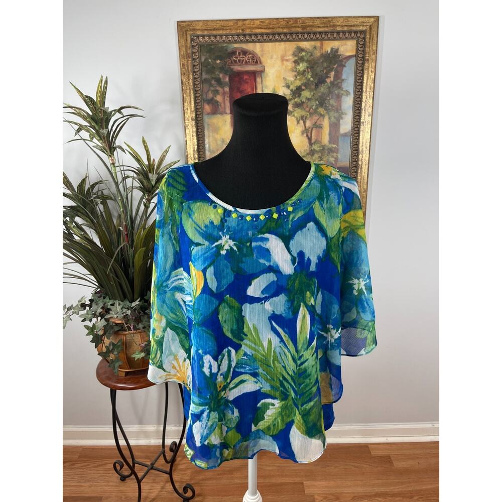 Alfred‎ Dunner Blouse Top Womens Petite 12 Blue Floral Sheer Layered Resortwear